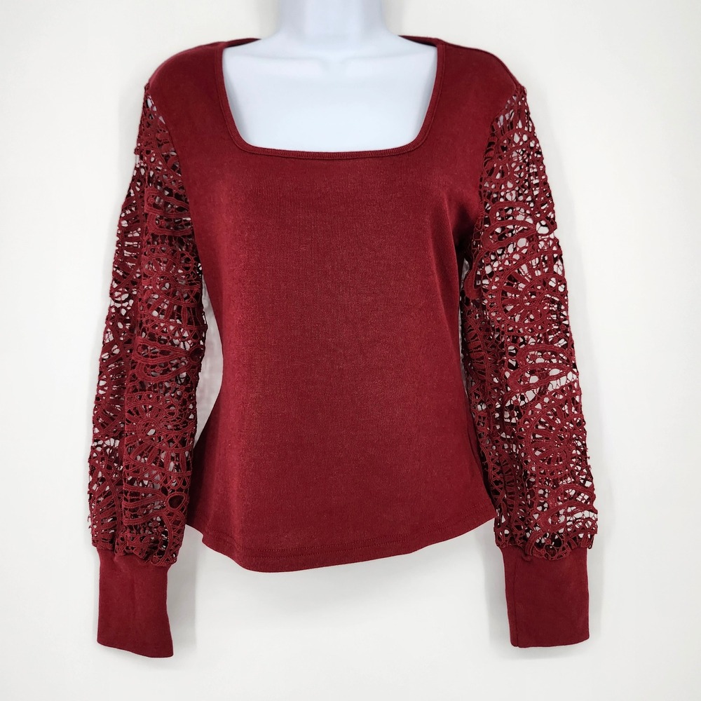 Cupshe NWT‎ Deep Red Crochet Lace Sleeve Top Womens Medium Boho Romantic Dainty
